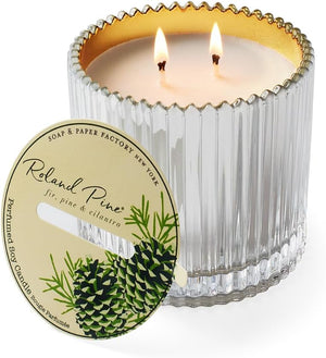 Soap & Paper Factory Roland Pine Two-Wick Soy Candle, 14 oz, Silver & Gold Ribbed Glass, Pine & Fir Scent, 40 Hour Burn Time