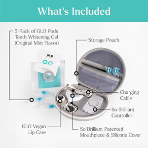 GLO Science So Brilliant Tooth Whitener Set – Unique Heat Technology for Fast, Sensitivity Free Teeth Whitening – Patented Mouthpiece with LED Light, Gel Pods with 6% HP, Lip Balm, & Travel Case