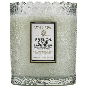 Voluspa SCALLOPED EDGE EMBOSSED GLASS CANDLE French Cade Lavender