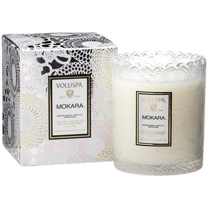 Voluspa SCALLOPED EDGE EMBOSSED GLASS CANDLE Mokara