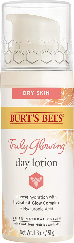 Burt's Bees Truly Glowing Day Lotion Face Cream with Naturally Derived Hyaluronic Acid and a Hydrate + Glow Complex for Dry Skin, 1.8 Fluid Ounces